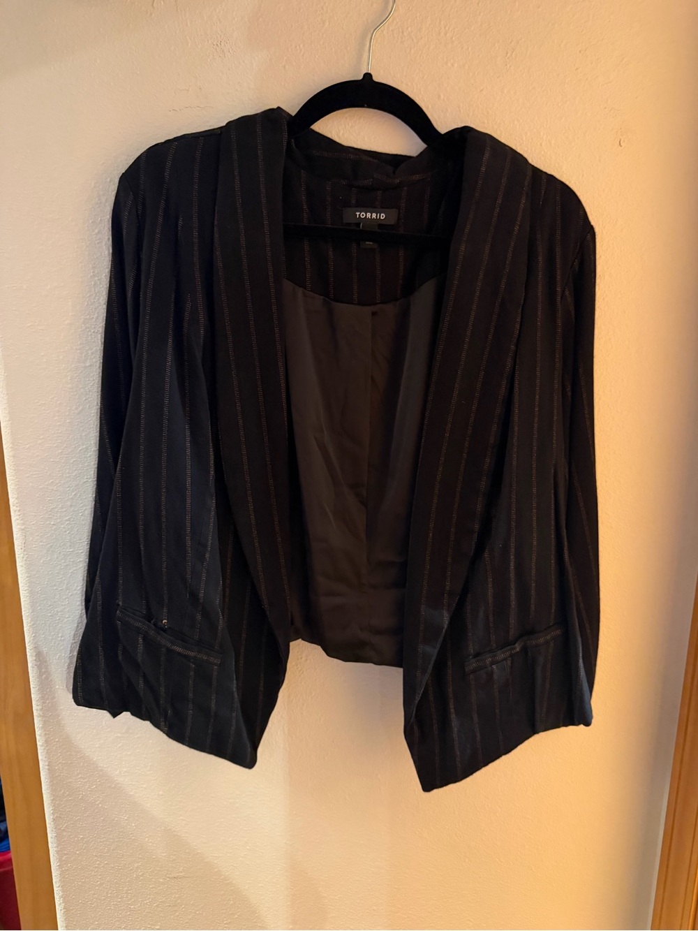 torrid Black Pinstripe Open-Front Crop Blazer Jacket